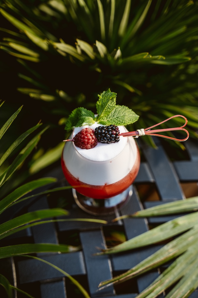 a glass with a drink and fruit on it